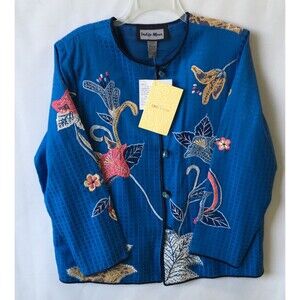 New Y2K Indigo Moon Blue Floral Applique Collarless Button Up Womens Jacket Sz L